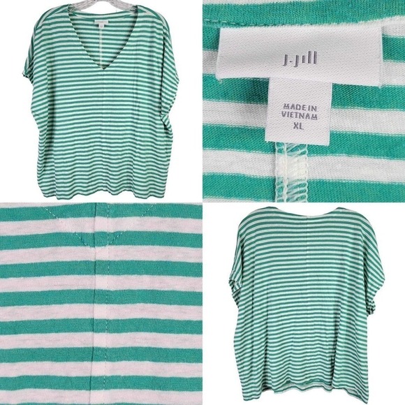 J Jill Women's Tee T-Shirt Green Stripe Short Sleeve Size XL Linen Relaxed - Picture 1 of 9